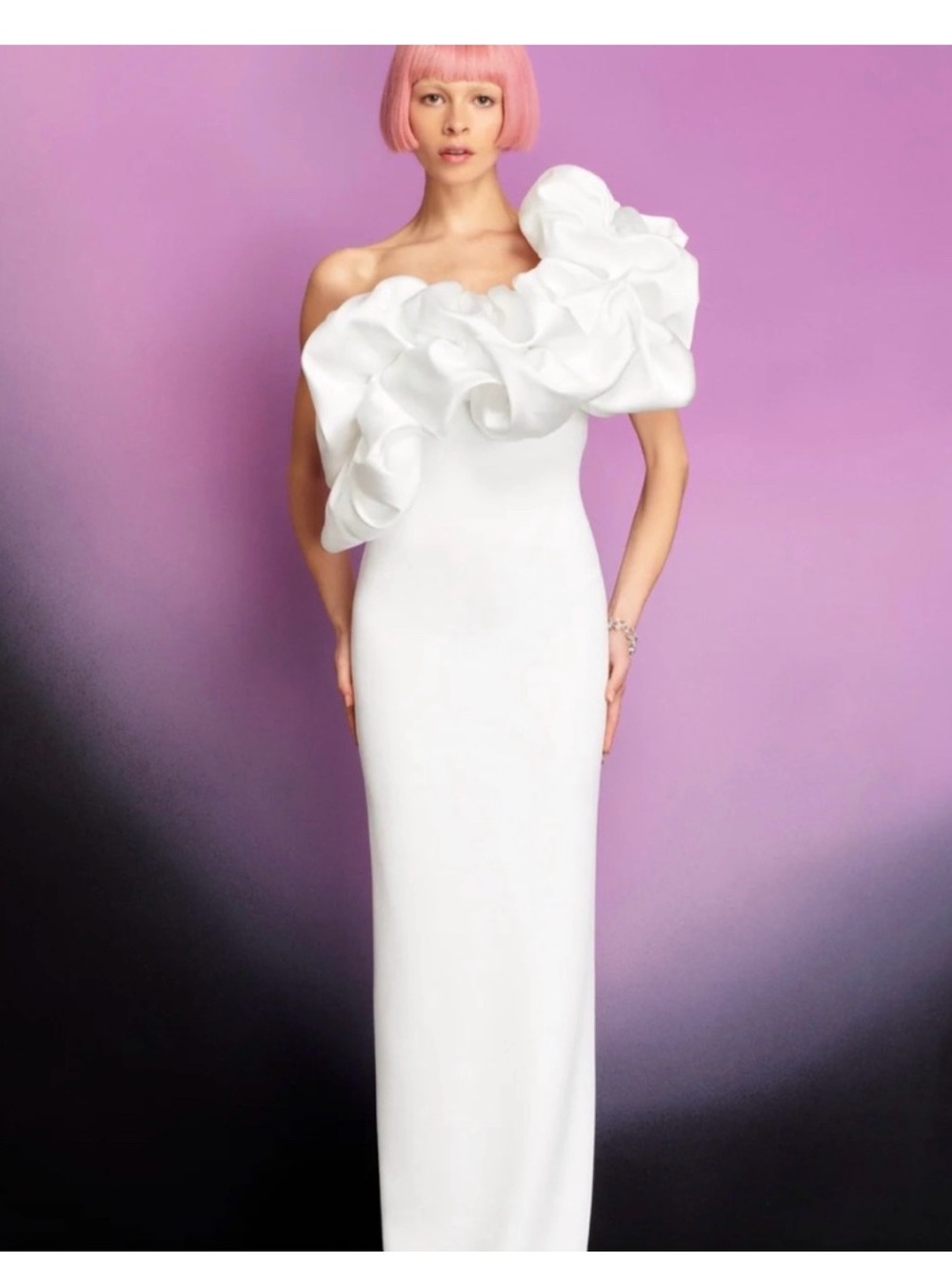 Solace London One-Shoulder White Ruffle Gown